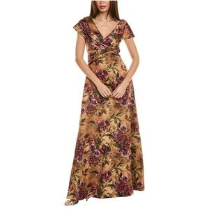 Theia Mustard Floral Twist-Front Maxi Dress